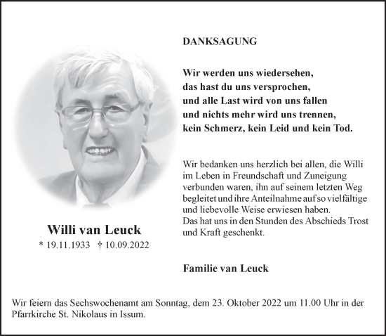 Traueranzeige von Willi van Leuck 