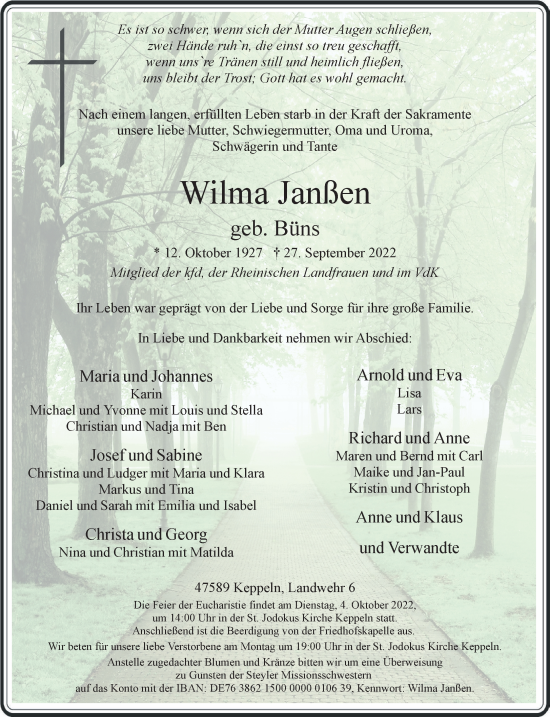 Traueranzeige von Wilma Janßen 