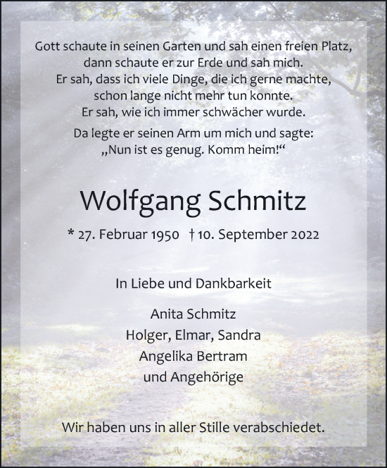 Traueranzeige von Wolfgang Schmitz 