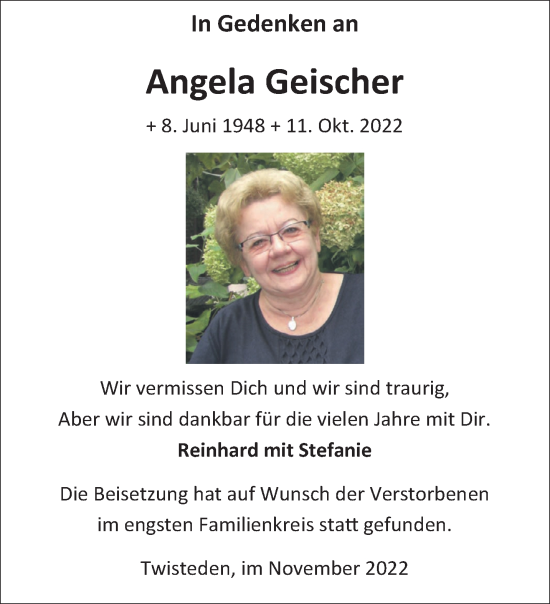 Traueranzeige von Angela Geischer 