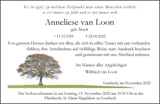 Traueranzeige von Anneliese van Loon 
