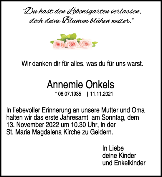 Traueranzeige von Annemie Onkels 