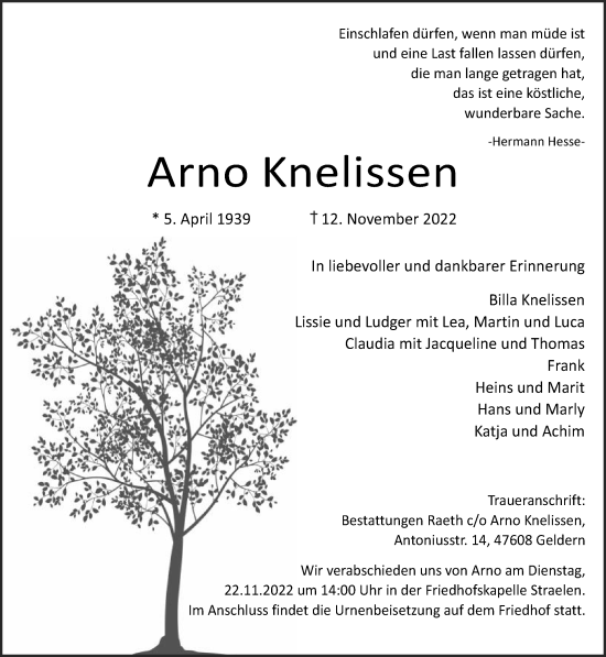 Traueranzeige von Arno Knelissen 