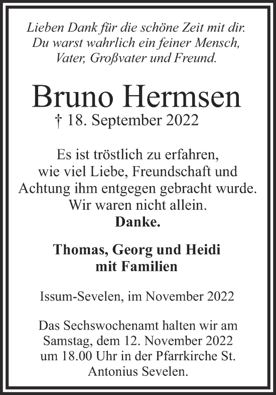 Traueranzeige von Bruno Hermsen 
