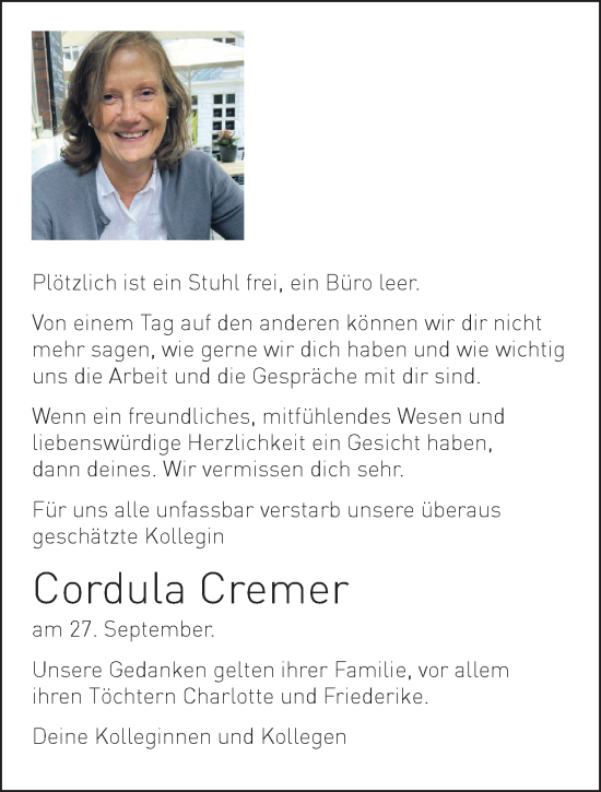 Traueranzeige von Cordula Cremer 