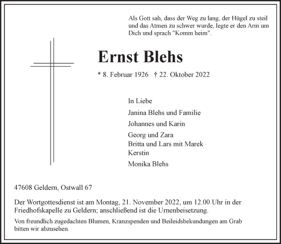 Traueranzeige von Ernst Blehs 