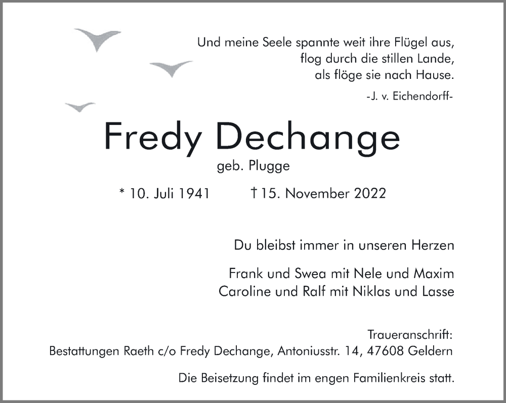  Traueranzeige für Fredy Dechange vom 19.11.2022 aus 