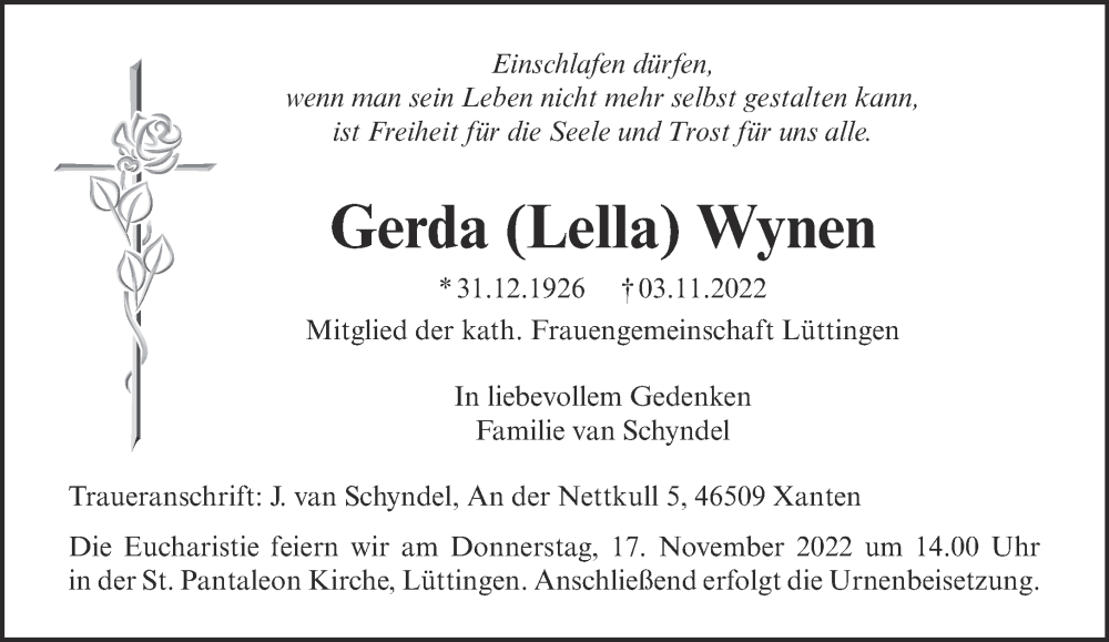  Traueranzeige für Gerda Wynen vom 12.11.2022 aus 