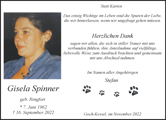 Traueranzeige von Gisela Spinner 