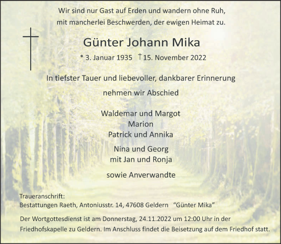 Traueranzeige von Günter Johann Mika 