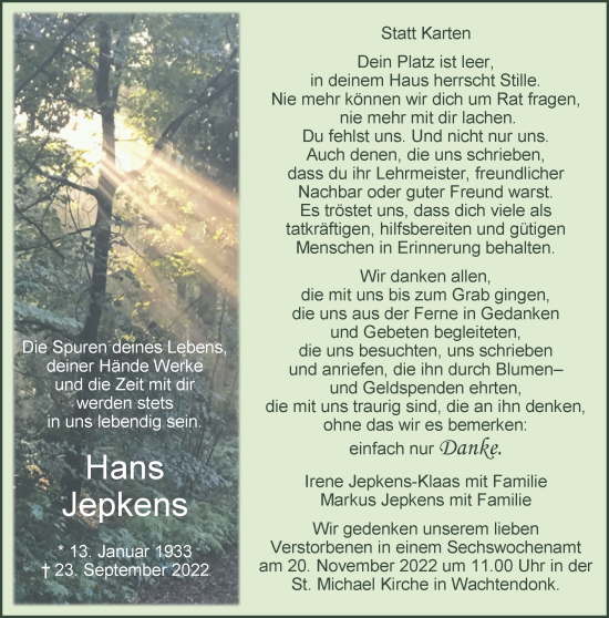 Traueranzeige von Hans Jepkens 