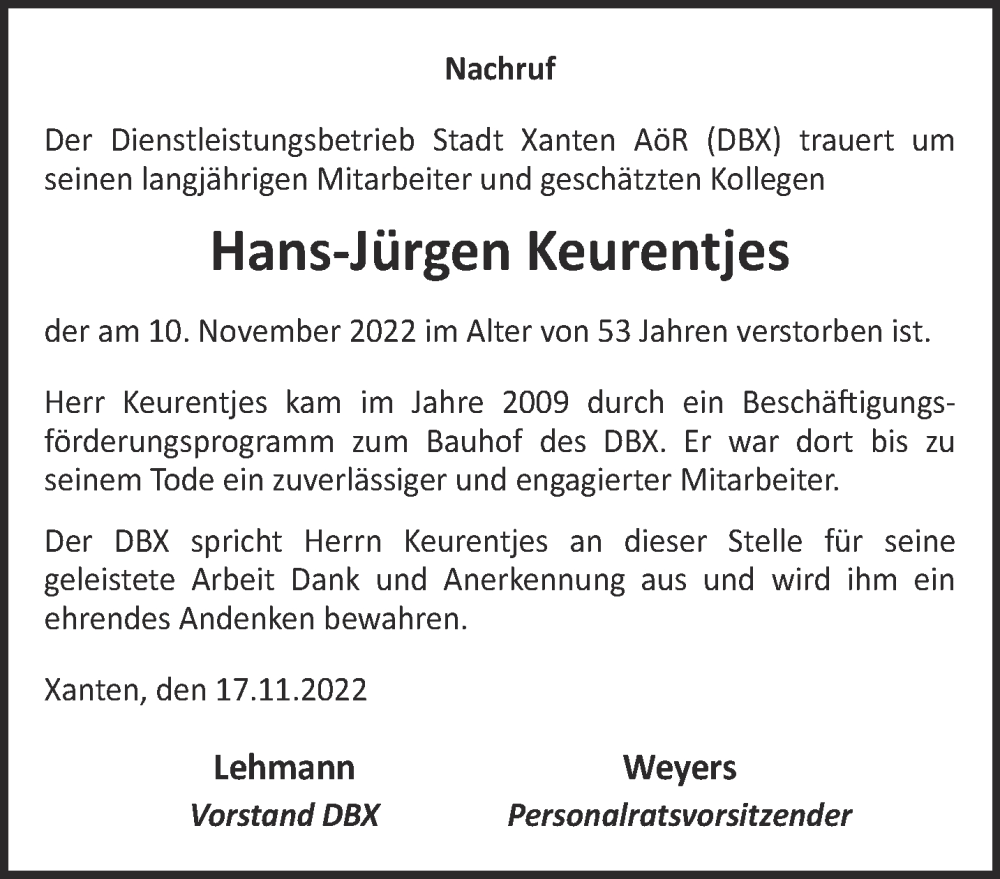  Traueranzeige für Hans-Jürgen Keurentjes vom 19.11.2022 aus 