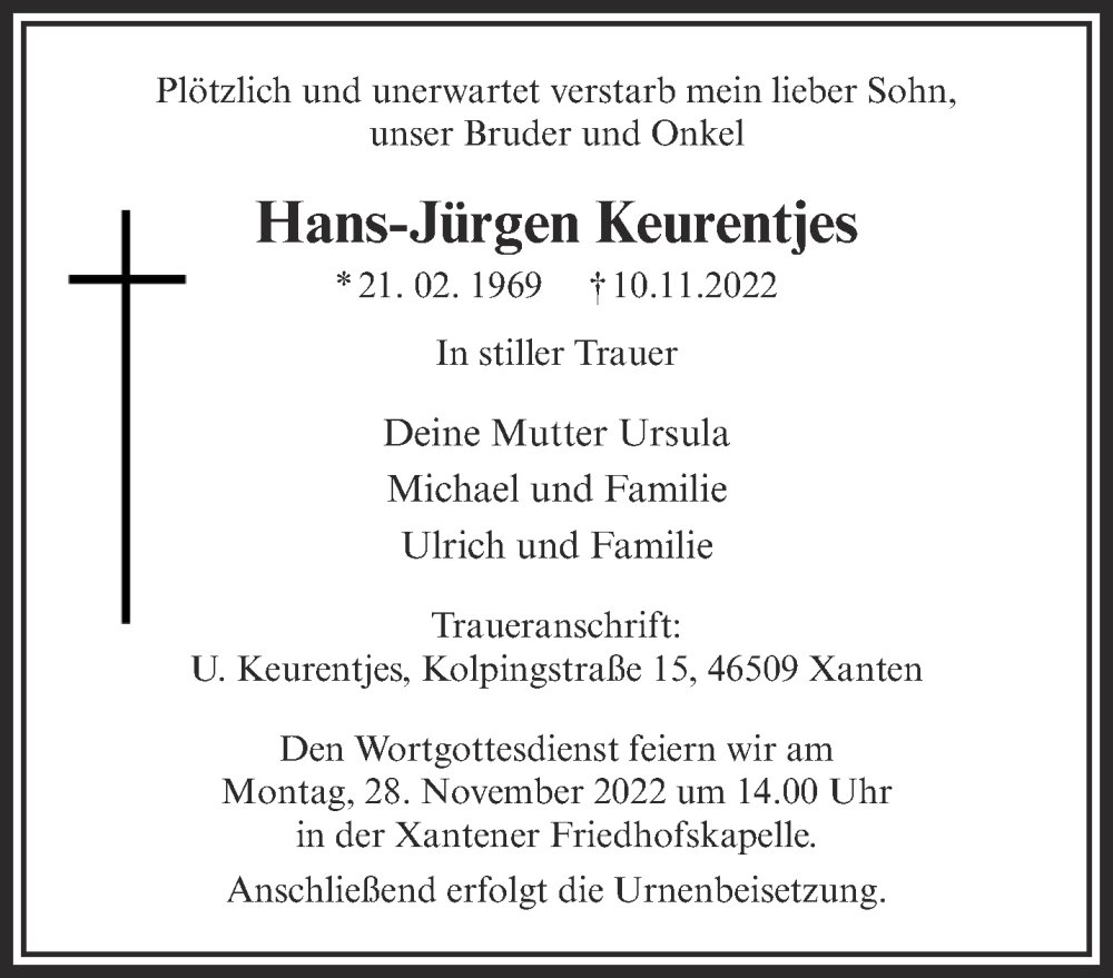  Traueranzeige für Hans-Jürgen Keurentjes vom 16.11.2022 aus 