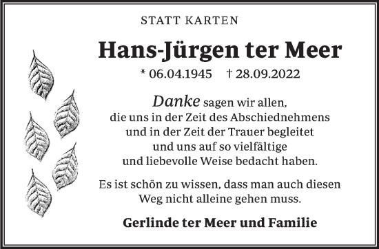Traueranzeige von Hans-Jürgen ter Meer 