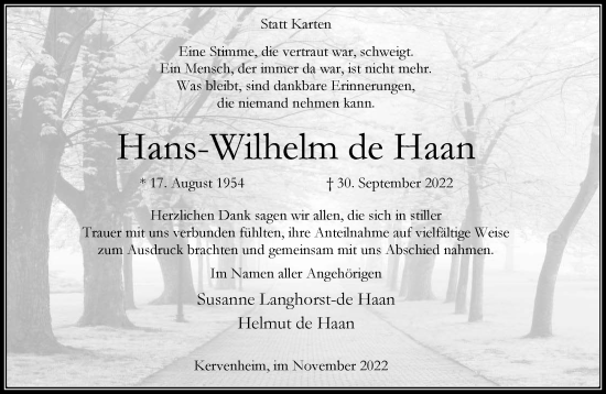 Traueranzeige von Hans-Wilhelm de Haan 
