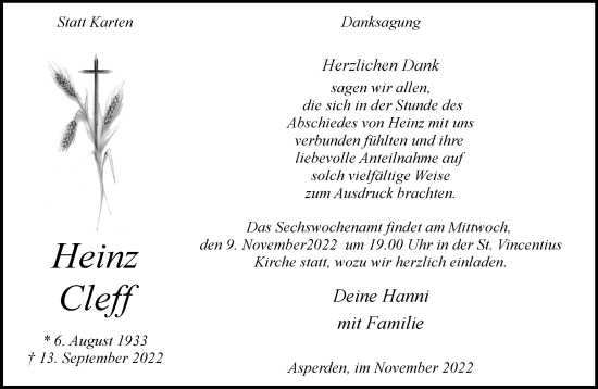Traueranzeige von Heinz Cleff 