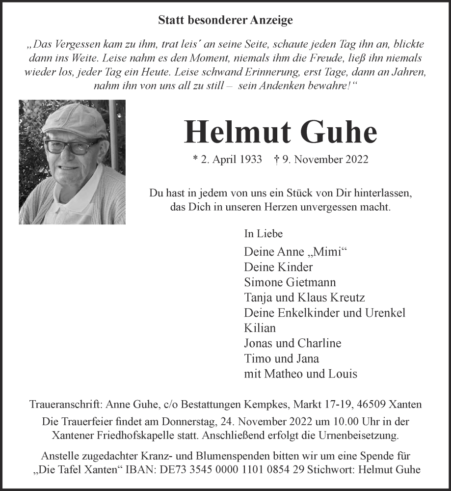  Traueranzeige für Helmut Guhe vom 19.11.2022 aus 