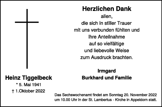 Traueranzeige von HHeinz Tiggelbeck 