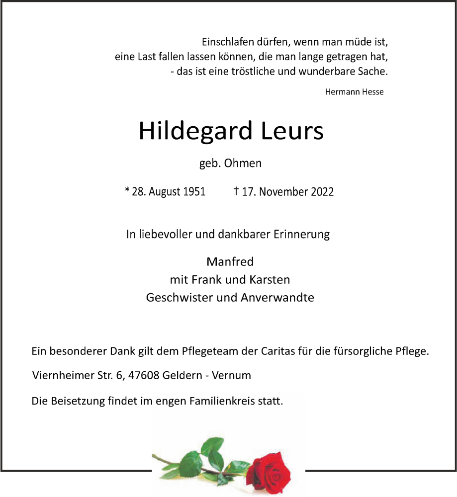  Traueranzeige für Hildegard Leurs vom 26.11.2022 aus 