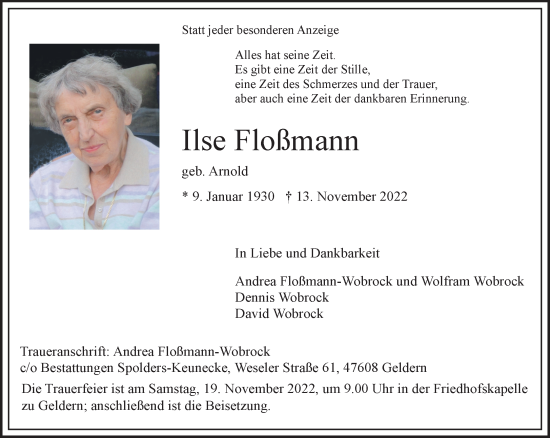Traueranzeige von Ilse Floßmann 