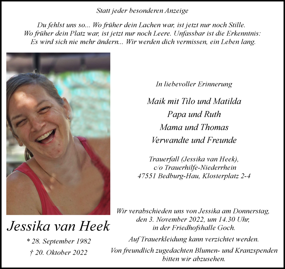  Traueranzeige für Jessika van Heek vom 02.11.2022 aus 