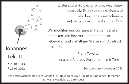Traueranzeige von Johannes Tekotte 