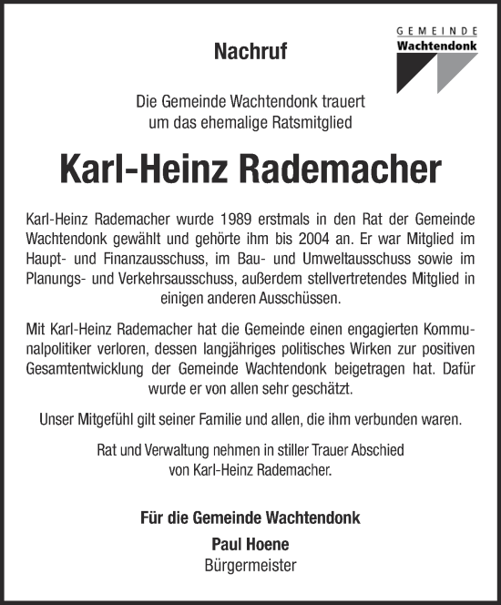Traueranzeige von Karl-Heinz Rademacher 