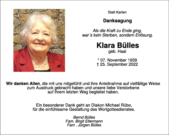Traueranzeige von Klara Bülles 