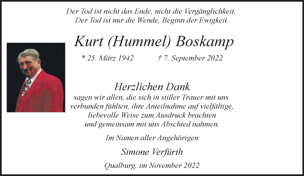  Traueranzeige für Kurt Boskamp vom 12.11.2022 aus 