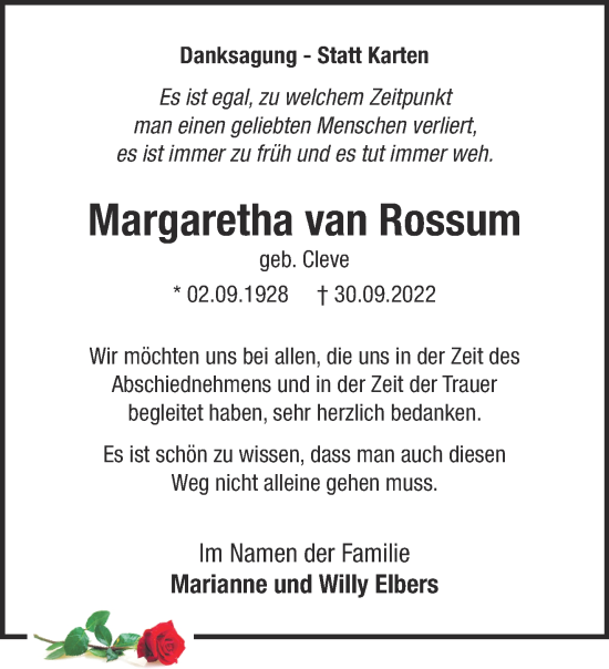 Traueranzeige von Margaretha van Rossum 
