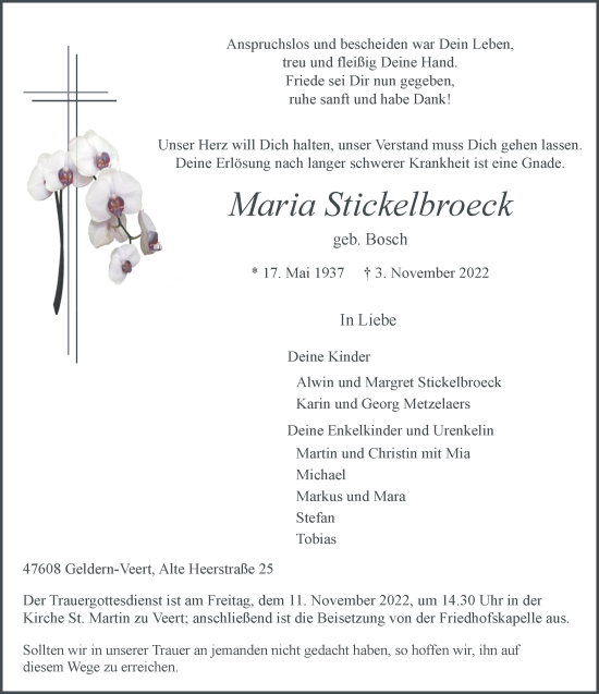 Traueranzeige von Maria Stickelbroeck 