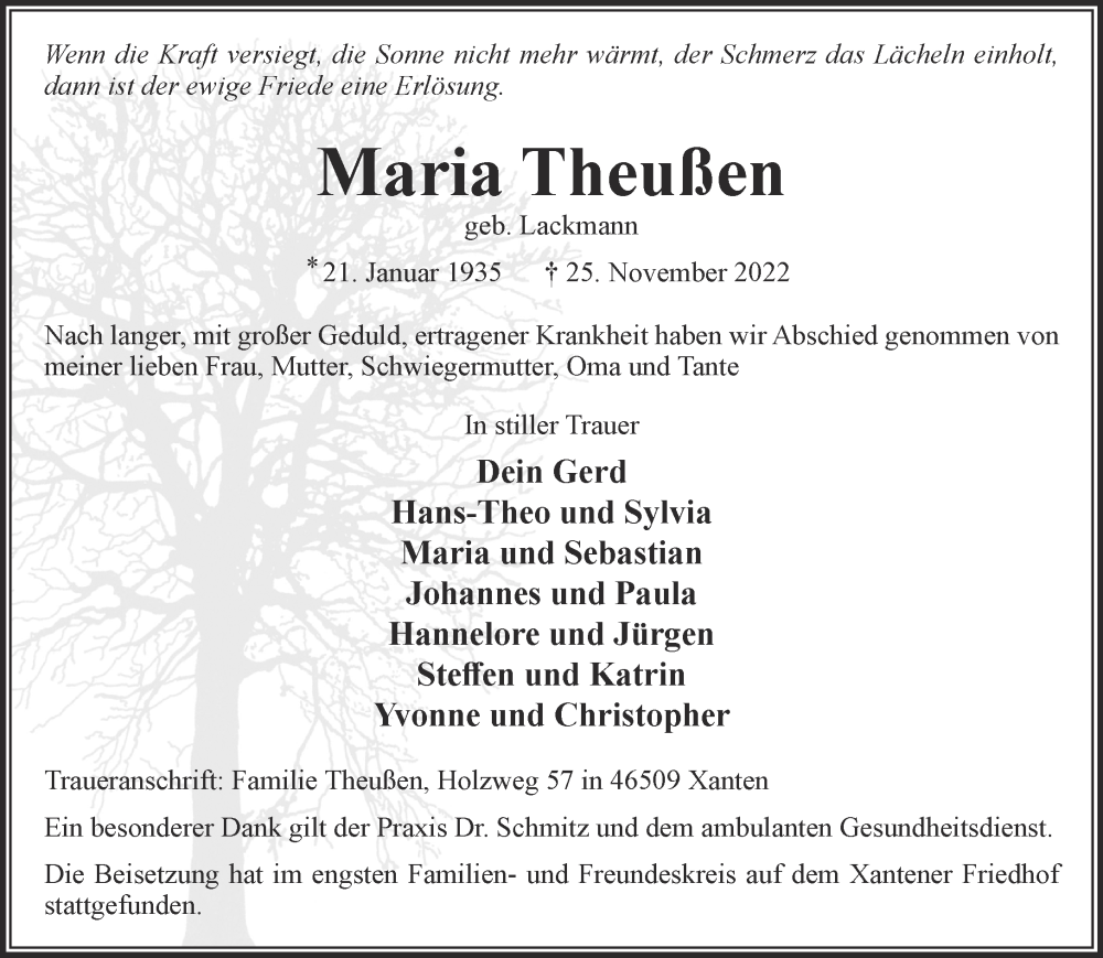  Traueranzeige für Maria Theußen vom 30.11.2022 aus 
