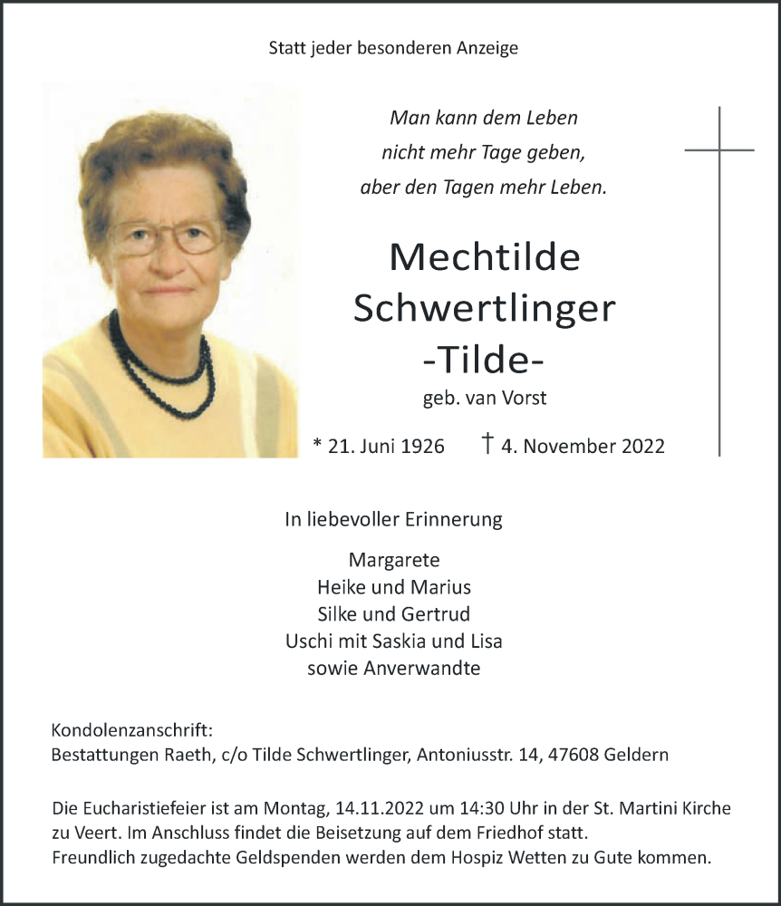  Traueranzeige für Mechtilde Schwertlinger vom 09.11.2022 aus 
