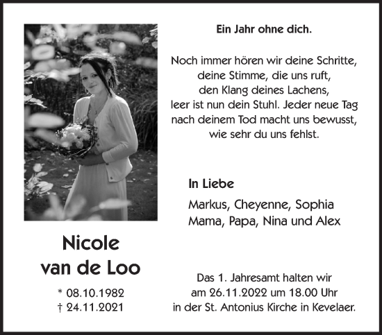 Traueranzeige von Nicole van de Loo 