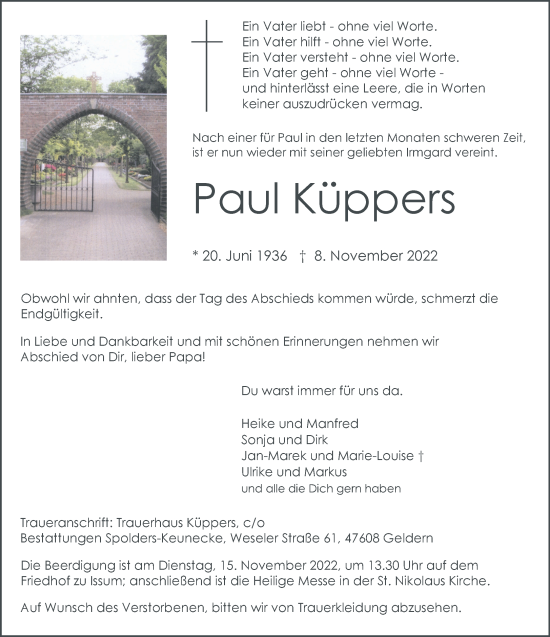 Traueranzeige von Paul Küppers 