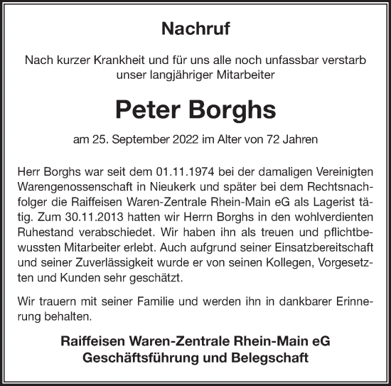 Traueranzeige von Peter Borghs 