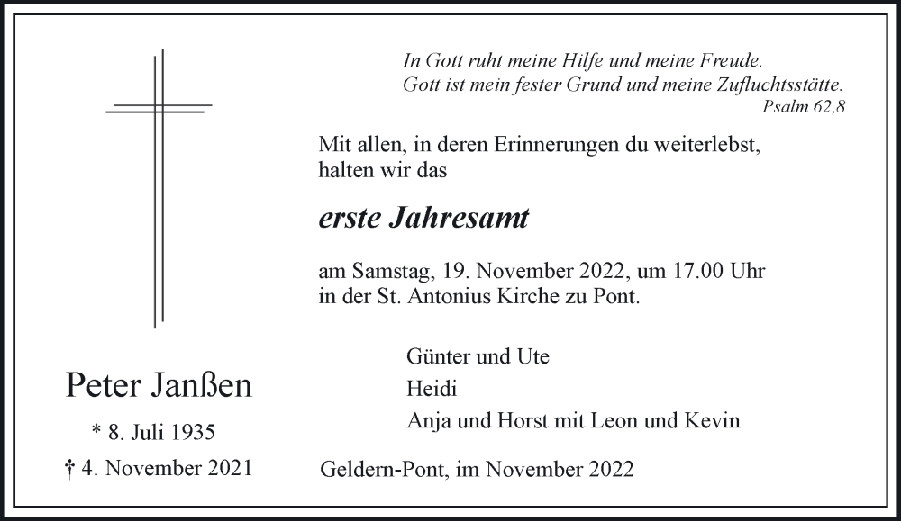  Traueranzeige für Peter Janßen vom 05.11.2022 aus 
