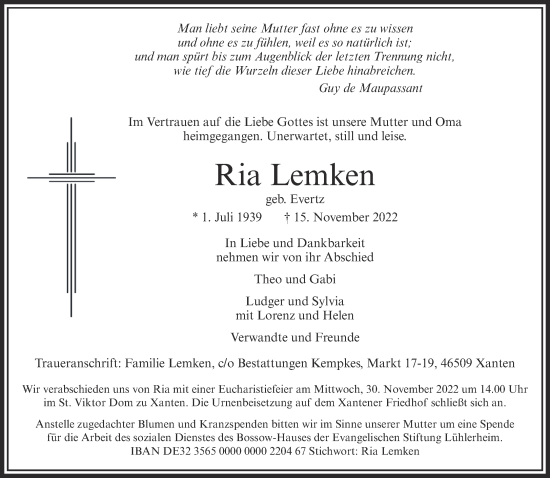Traueranzeige von Ria Lemken 
