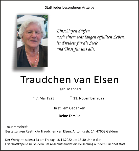 Traueranzeige von Traudchen van Elsen 