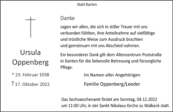 Traueranzeige von Ursula Oppenberg 