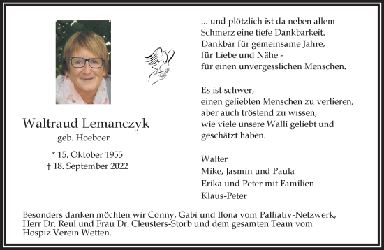 Traueranzeige von Waltraud Lemanczyk 