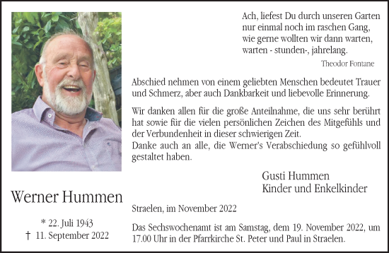 Traueranzeige von Werner Hummen 