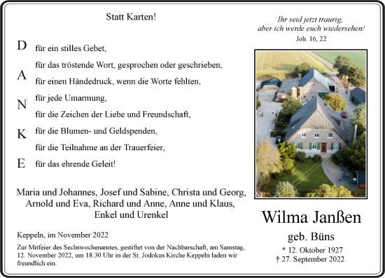 Traueranzeige von Wilma Janßen 