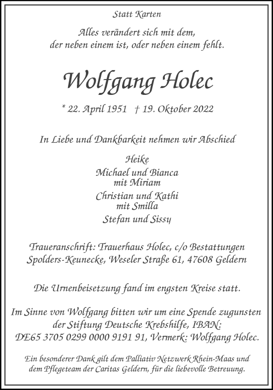 Traueranzeige von Wolfgang Holec 