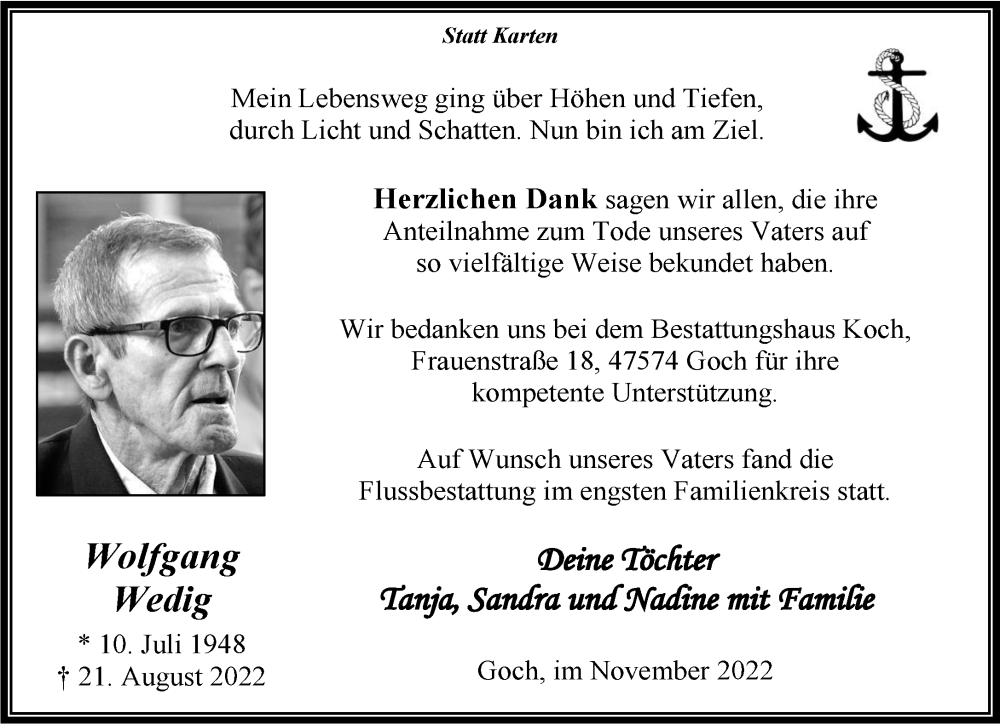  Traueranzeige für Wolfgang Wedig vom 12.11.2022 aus 