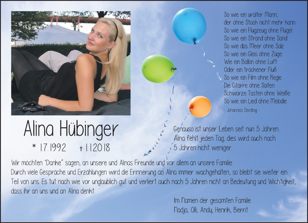  Traueranzeige für Alina Hübinger vom 31.12.2022 aus 