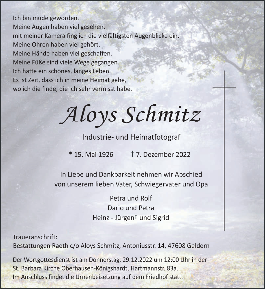  Traueranzeige für Aloys Schmitz vom 24.12.2022 aus 