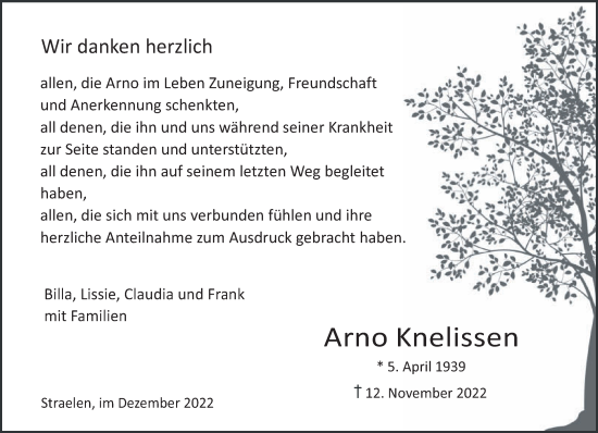 Traueranzeige von Arno Knelissen 