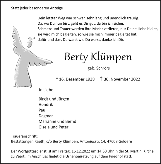 Traueranzeige von Berty Klümpen 