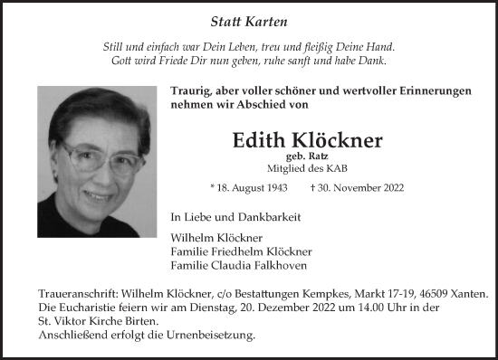 Traueranzeige von Edith Klöckner 